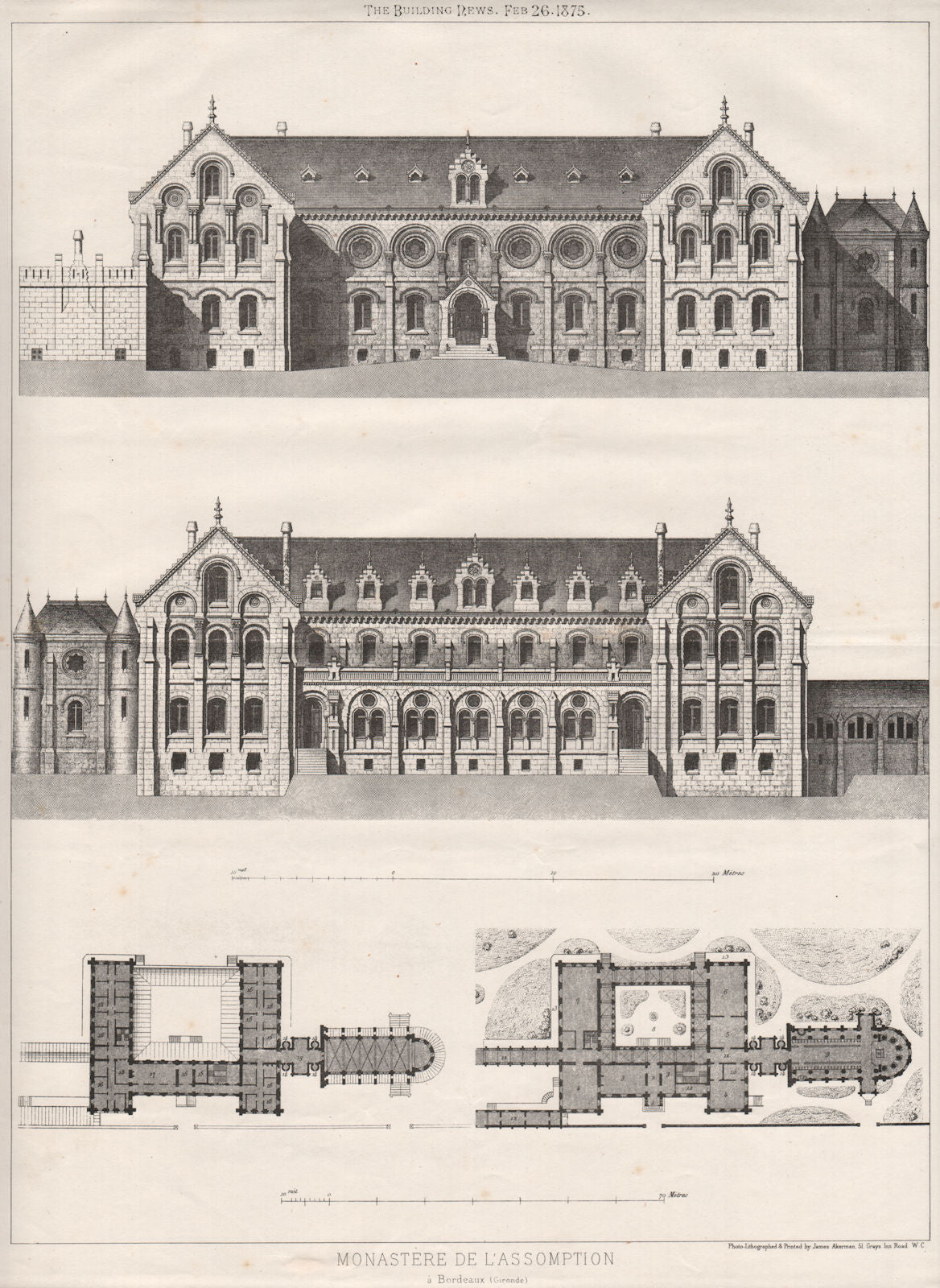 Monastère de l'Assomption à Bordeaux (Gironde) 1875 old antique print picture